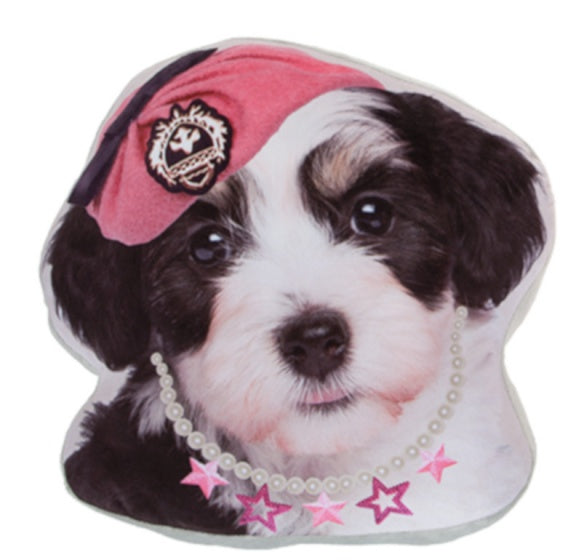 kussen hondenkop roze muts 37 cm zwart/wit