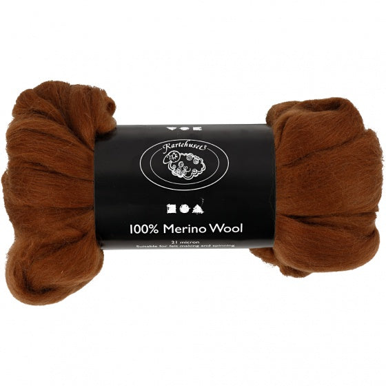 wol Merino 21 micron bruin 100 gram per bol