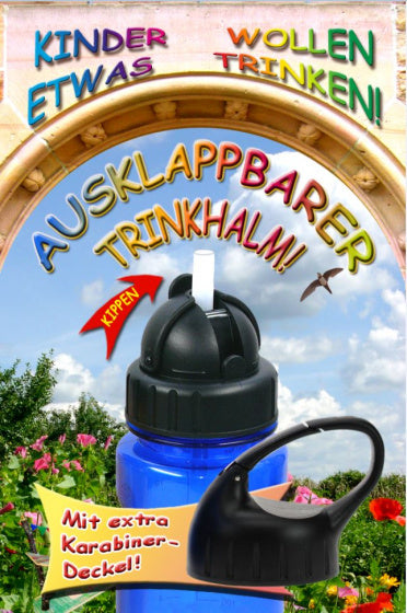 drinkfles met rietje blauw met handige karabijnhaak dop