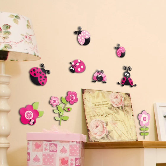 muurdecoratie 3-levels Pink Ladybugs junior