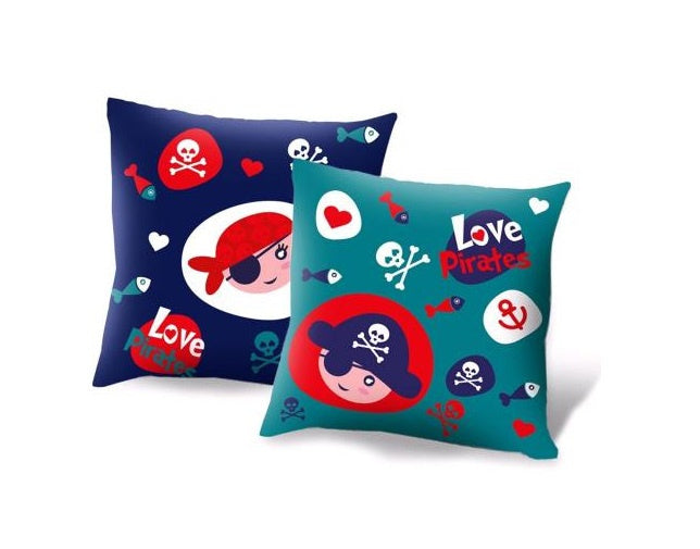 kussen Love Pirates junior 45 x 45 cm polyester blauw