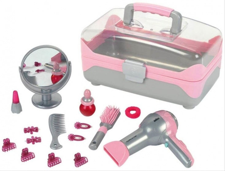 beauty case met Braun föhn roze/grijs 15-delig