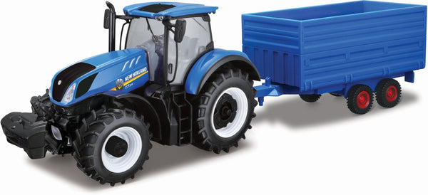 miniatuur New Holland tractor met trailer blauw