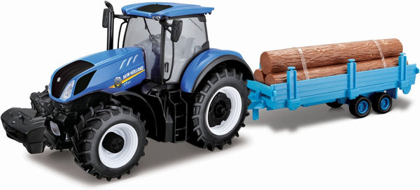 miniatuur New Holland tractor en trailer blauw