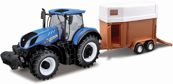 miniatuur New Holland tractor en paardentrailer blauw