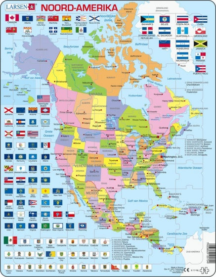 Larsen Legpuzzel Kaart Noord, Amerika met Staten en Vlaggen, 70st.