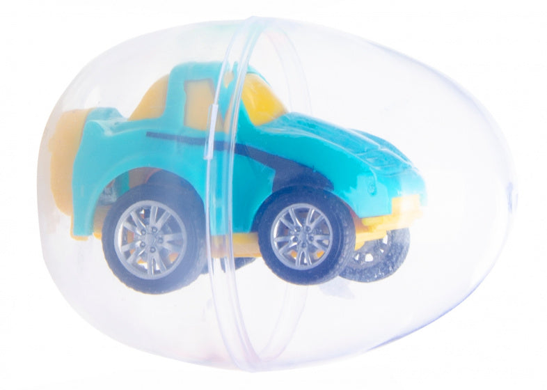 auto in verrassingsei jongens 6 cm turquoise/geel