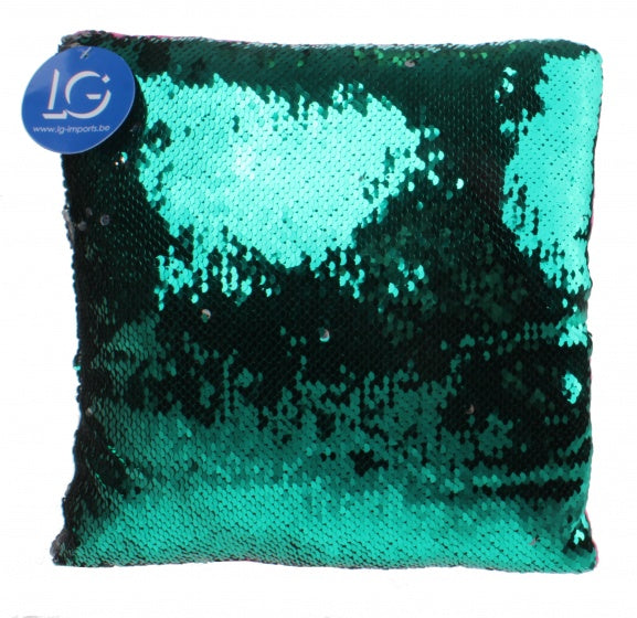 paillettenkussen junior 29 x 29 cm roze-groen-zilver