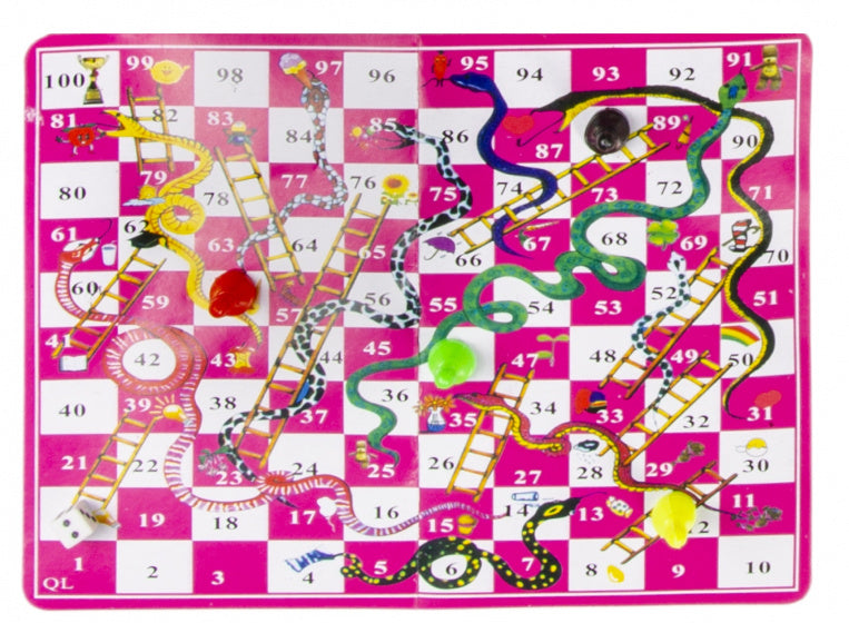 reisspel slangen en ladders spel 16,5 x 9 cm roze