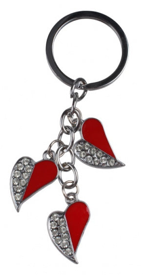 sleutelhanger hartjes meisjes 6 cm staal zilver/rood