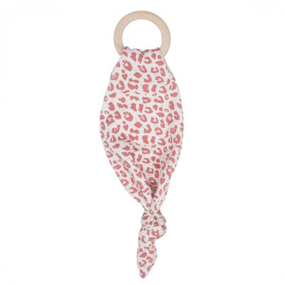 bijtring Leopard meisjes 16 cm hout/katoen wit/roze
