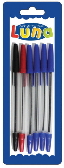 pennen Blister blauw/rood/zwart 6 stuks