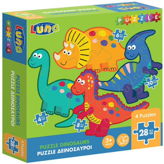 puzzel Dinosaures junior karton rood/blauw/geel 28-delig