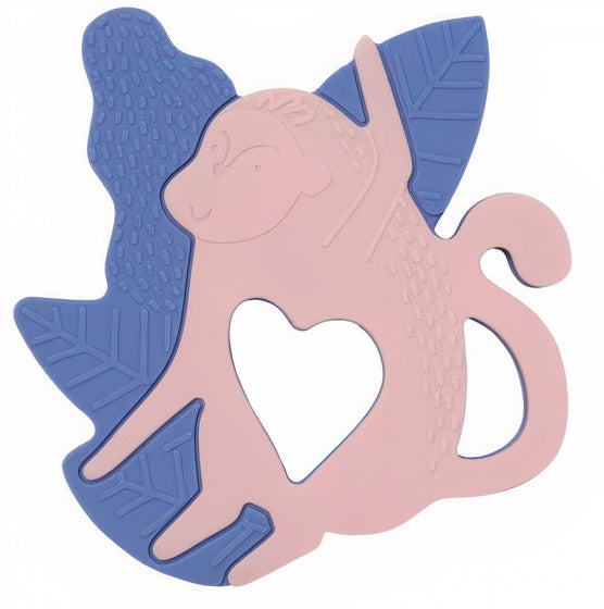 bijtring Aap 10,2 cm siliconen blauw/roze