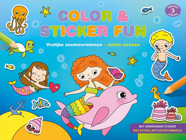 kleur- en stickerboek Fun junior 28 x 21 cm blauw