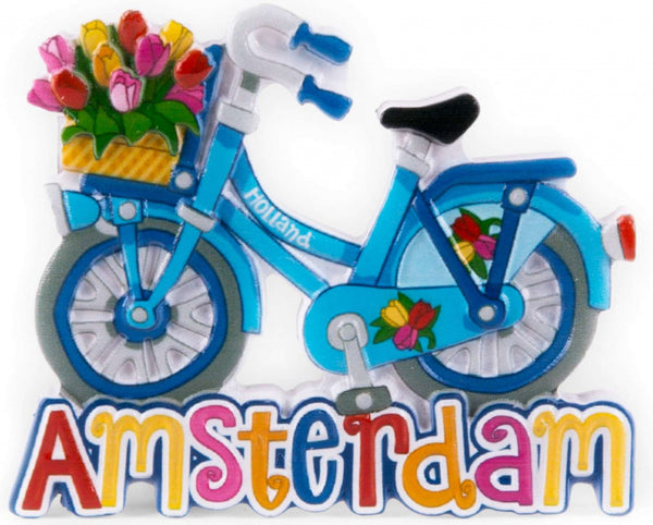 magneet fiets Amsterdam 6 x 6 cm polysteen lichtblauw