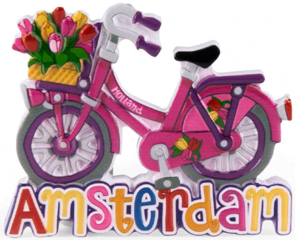 magneet fiets Holland - Amsterdam 6 cm roze