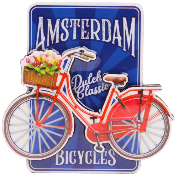 magneet fiets Amsterdam 8,5 x 8,5 cm MDF rood/blauw
