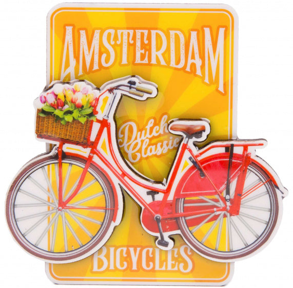 magneet fiets Amsterdam 8,5 x 8,5 cm MDF rood/geel