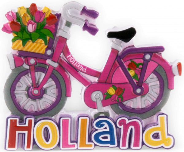 magneet fiets Holland 6 x 6 cm polysteen roze