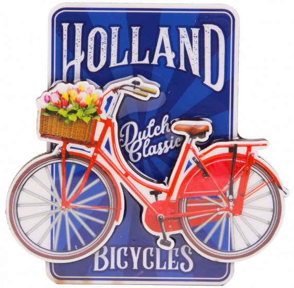 magneet fiets Holland 8,5 x 8,5 cm MDF rood/blauw