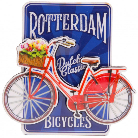 magneet fiets Rotterdam 8,5 x 8,5 cm MDF rood/blauw