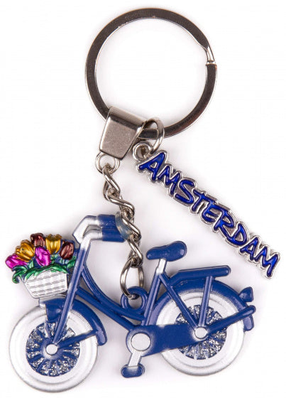 sleutelhanger Amsterdam Fiets 6 cm staal blauw/wit