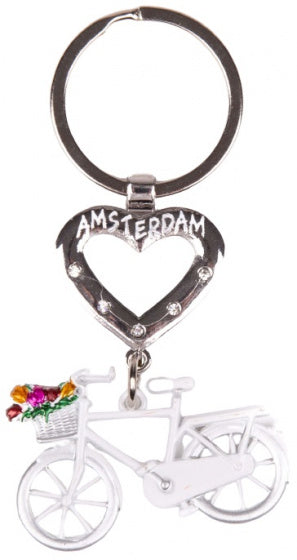 sleutelhanger Amsterdam hart staal 6 cm wit/zilver