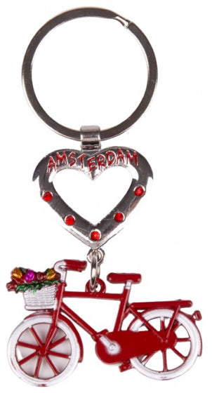 sleutelhanger Amsterdam hart 6 cm staal rood/zilver