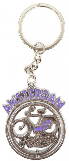 sleutelhanger Fiets Amsterdam 4 cm staal paars/zilver