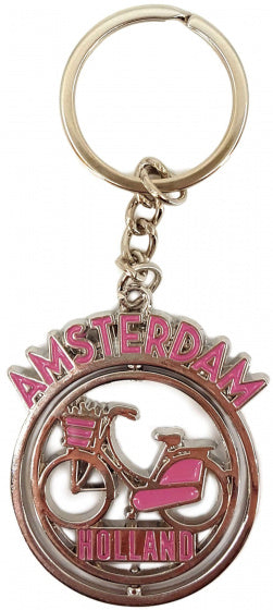 sleutelhanger Fiets Amsterdam 4 cm staal roze/zilver