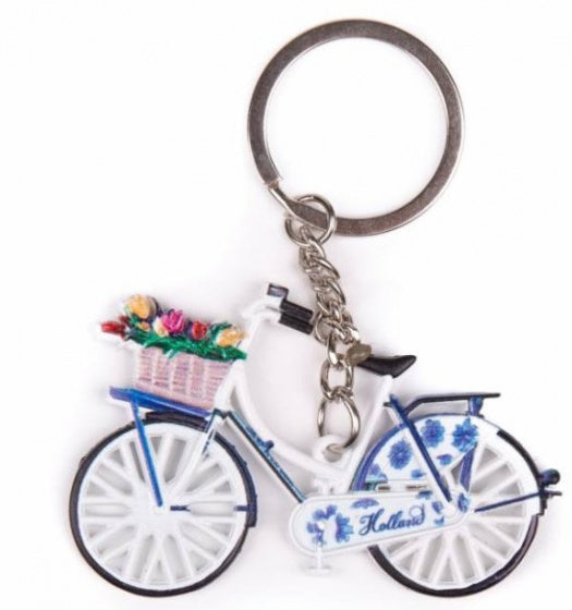 sleutelhanger fiets en tulpen Delfts blauw 7 x 4 cm staal