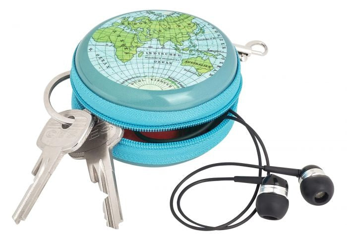 etui mini met karabijnhaak wereldkaart 7 cm blauw