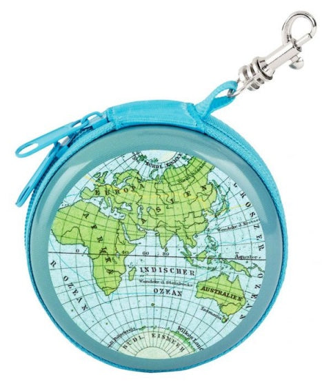 etui mini met karabijnhaak wereldkaart 7 cm blauw