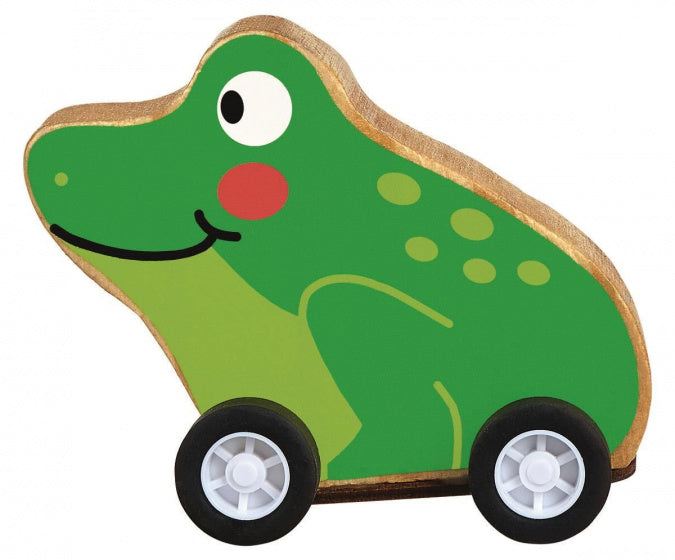 kikker op wielen pull-back 7,5 x 7 cm hout groen/bruin
