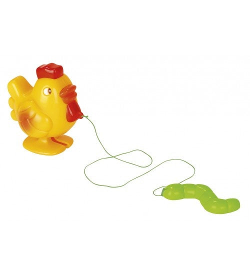 lopende haan met worm 6 cm geel