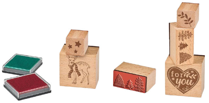 stempelset Kerst junior 8,7 x 8,7 cm hout naturel 5-delig