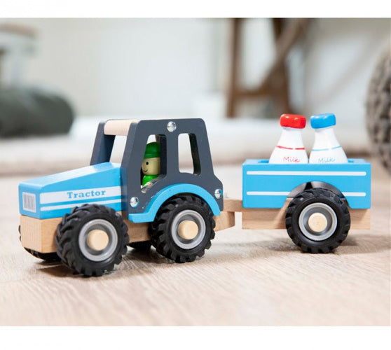 tractor Little Driver 24 cm hout blauw 4-delig