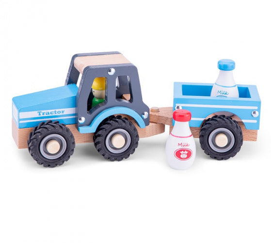 tractor Little Driver 24 cm hout blauw 4-delig