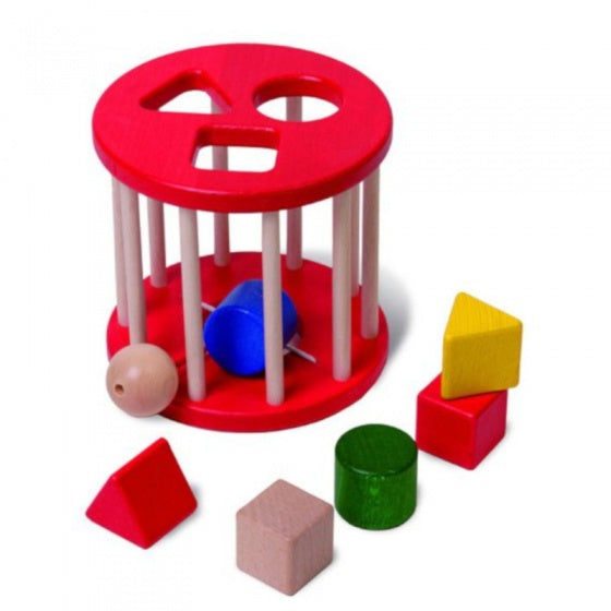 rammelende rol met 6 vormblokken 14 cm rood hout