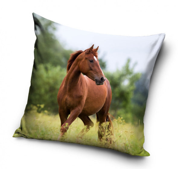 kussen Horse junior 40 x 40 cm katoen bruin/groen