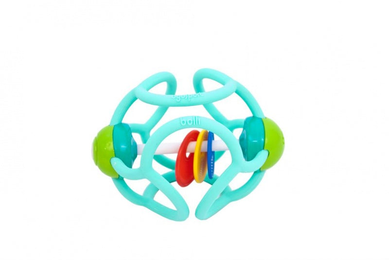 bijtbal met rammelaar 10 cm siliconen turquoise