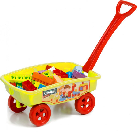 blokkenwagen 69 cm geel 50-delig