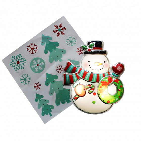 sticker met lampje sneeuwpop 29 x 23 cm PVC/folie wit/groen