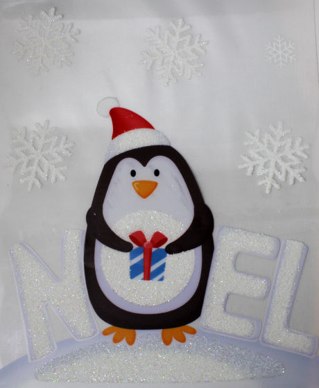 sticker Pinguïn Noel glitter 28,5 x 34,5 cm PVC wit/zwart