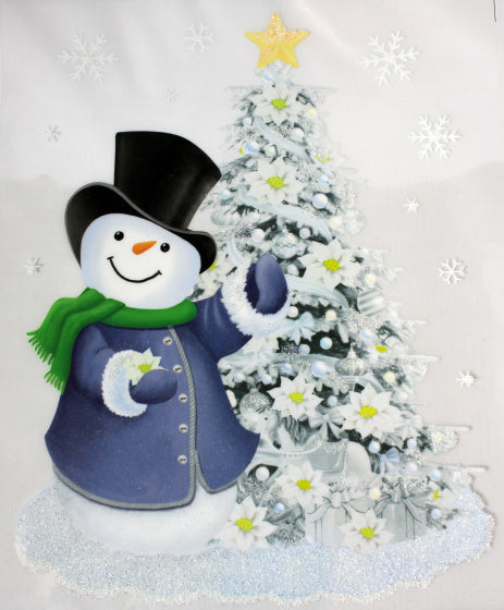 sticker sneeuwpop en kerstboom 28,5 x 34,5 cm PVC wit