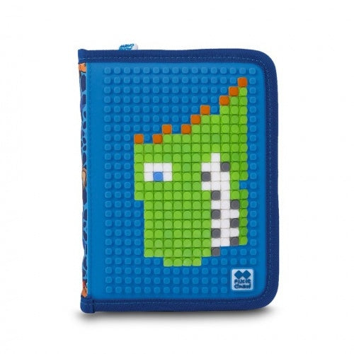 etui met pixels dinosaurus 19 cm blauw