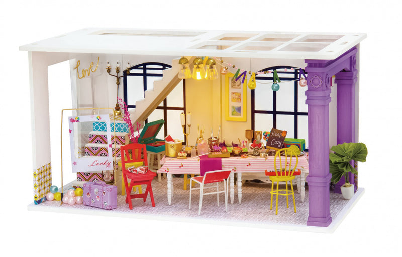 bouwset poppenhuis DIY Party 23 cm hout/textiel 3-delig