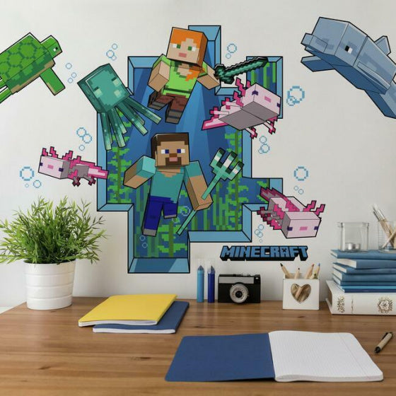 muursticker Minecraft junior vinyl blauw/groen 18-delig