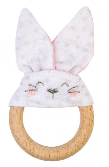 bijtring konijn hout en katoen roze 13 cm